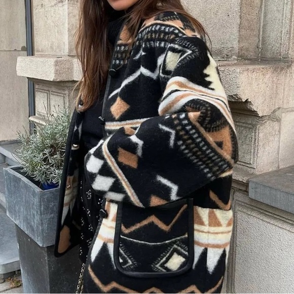 106. LAST 1! CLEARANCE Thin fleece Aztec Black Tribal blazer Lined Jacket Coat - Picture 2 of 12